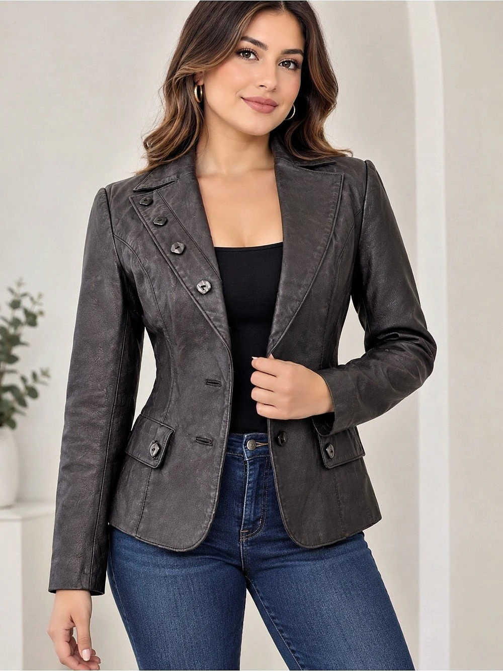 COSTA BLANCA Leather Blazer in Brown Size Small
